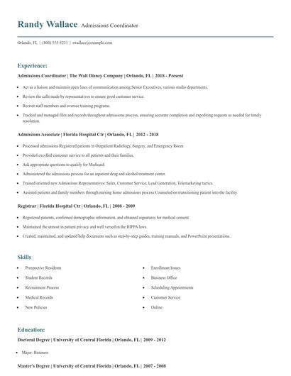 Admissions Coordinator Resume