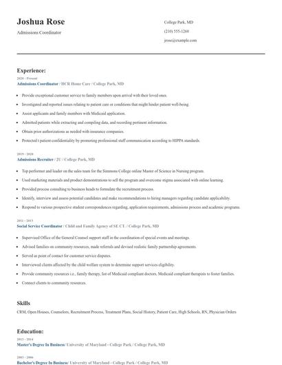 Admissions Coordinator Resume