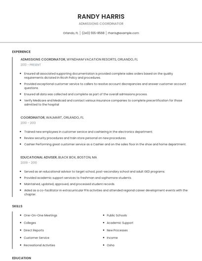 Admissions Coordinator Resume