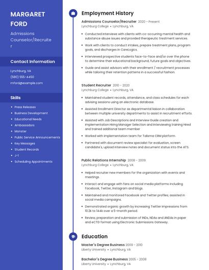 Admissions Counselor/Recruiter Resume