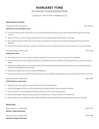 Admissions Counselor/Recruiter Resume