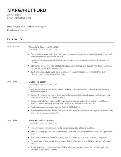 Admissions Counselor/Recruiter Resume