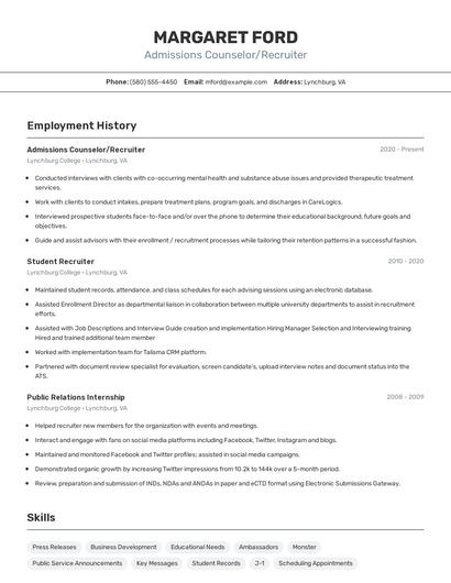 Admissions Counselor/Recruiter Resume