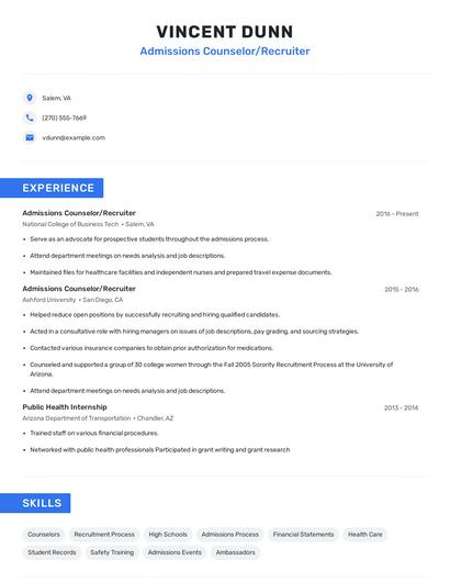 Admissions Counselor/Recruiter Resume