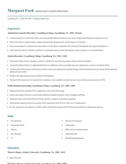 Admissions Counselor/Recruiter Resume