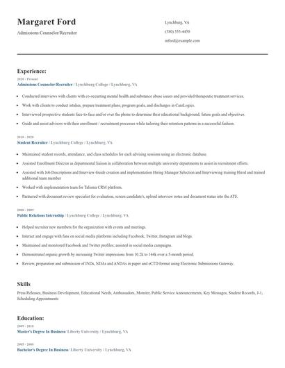 Admissions Counselor/Recruiter Resume