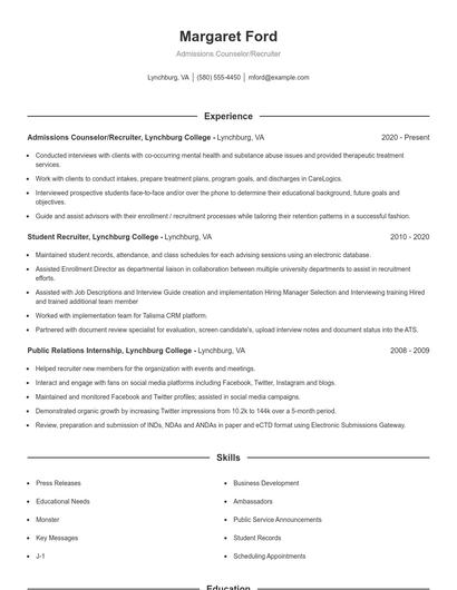 Admissions Counselor/Recruiter Resume