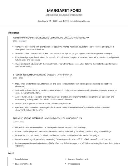 Admissions Counselor/Recruiter Resume