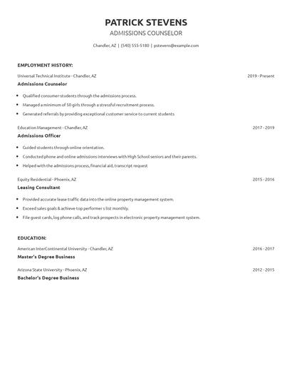 Admissions Counselor Resume
