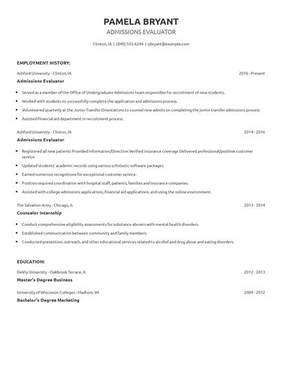 Admissions Evaluator Resume