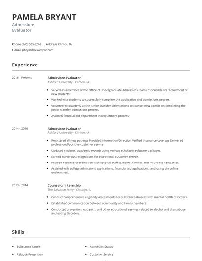 Admissions Evaluator Resume