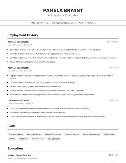 Admissions Evaluator Resume