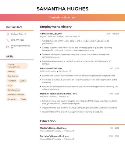 Admissions Evaluator Resume