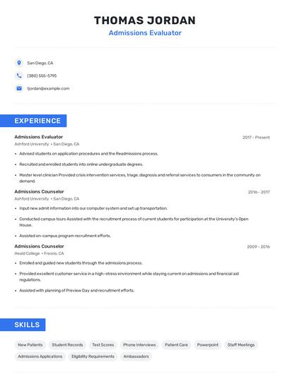 Admissions Evaluator Resume