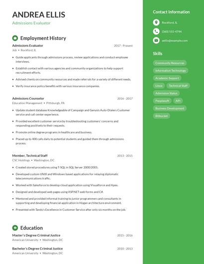 Admissions Evaluator Resume