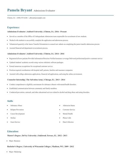Admissions Evaluator Resume