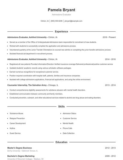 Admissions Evaluator Resume