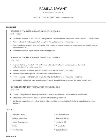 Admissions Evaluator Resume