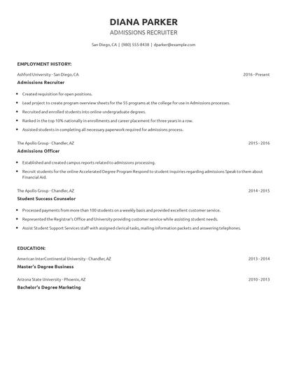Admissions Recruiter Resume