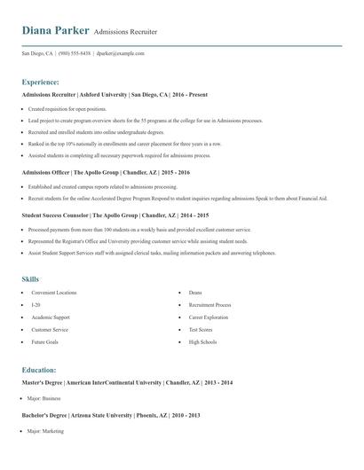 Admissions Recruiter Resume