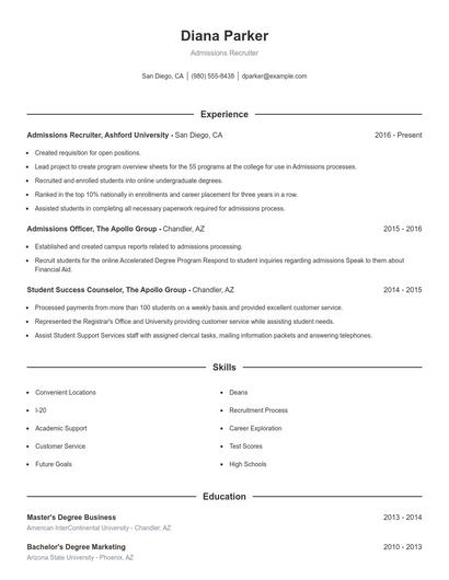 Admissions Recruiter Resume