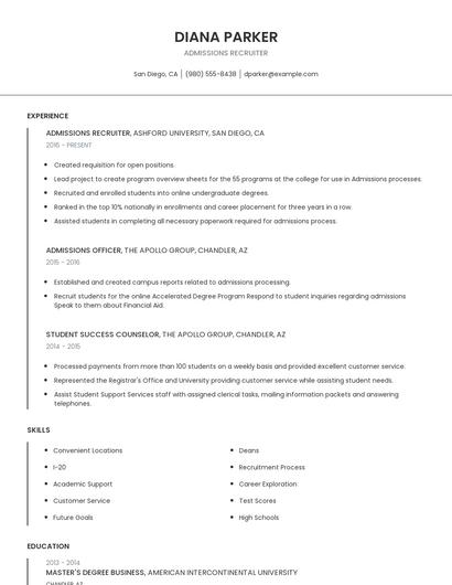 Admissions Recruiter Resume