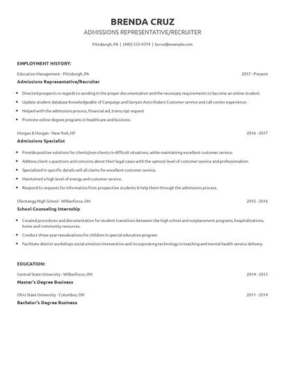 Admissions Representative/Recruiter Resume