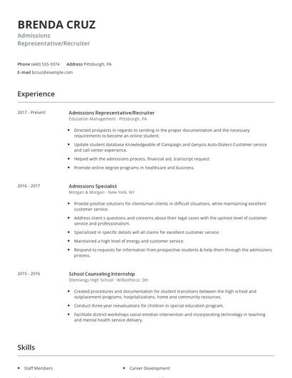 Admissions Representative/Recruiter Resume