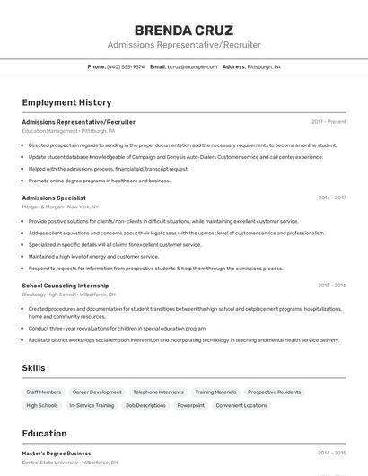 Admissions Representative/Recruiter Resume