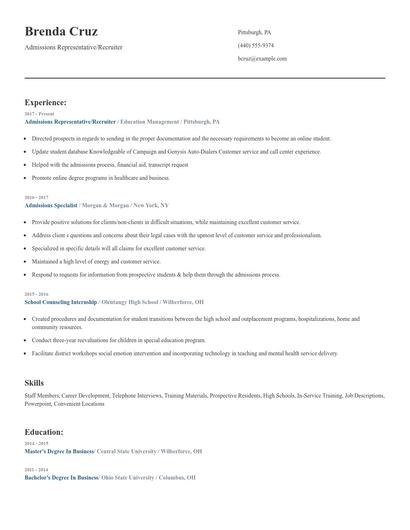 Admissions Representative/Recruiter Resume