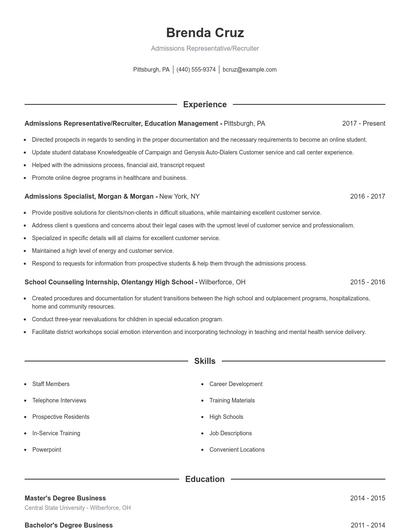 Admissions Representative/Recruiter Resume