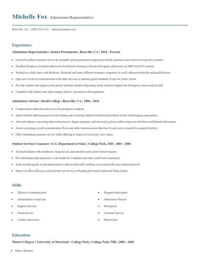 Admissions Representative Resume