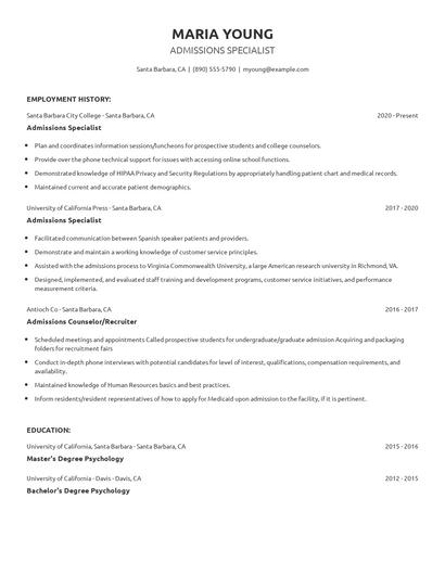 Admissions Specialist Resume