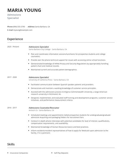 Admissions Specialist Resume