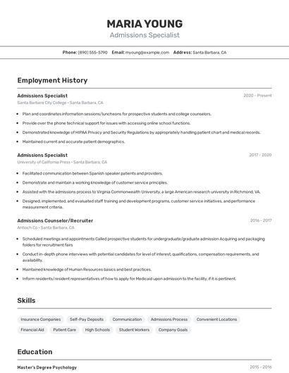 Admissions Specialist Resume