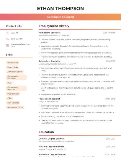 Admissions Specialist Resume