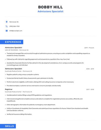 Admissions Specialist Resume