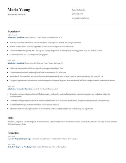 Admissions Specialist Resume