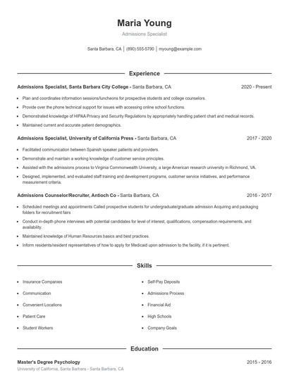 Admissions Specialist Resume