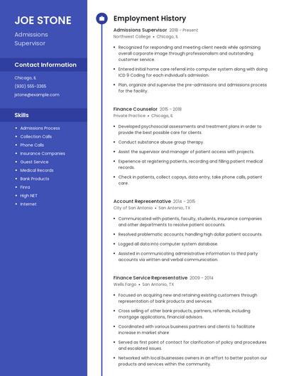Admissions Supervisor Resume