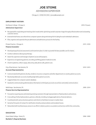 Admissions Supervisor Resume