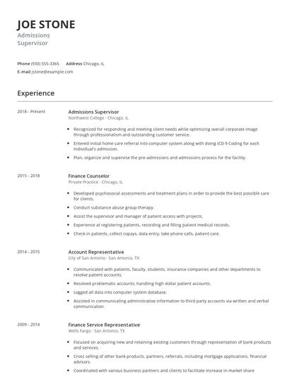 Admissions Supervisor Resume