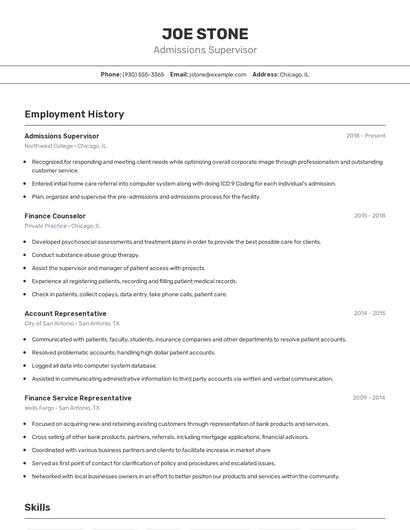 Admissions Supervisor Resume