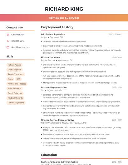 Admissions Supervisor Resume