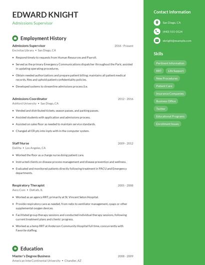 Admissions Supervisor Resume