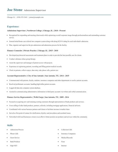 Admissions Supervisor Resume