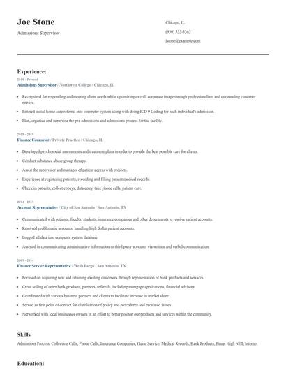 Admissions Supervisor Resume