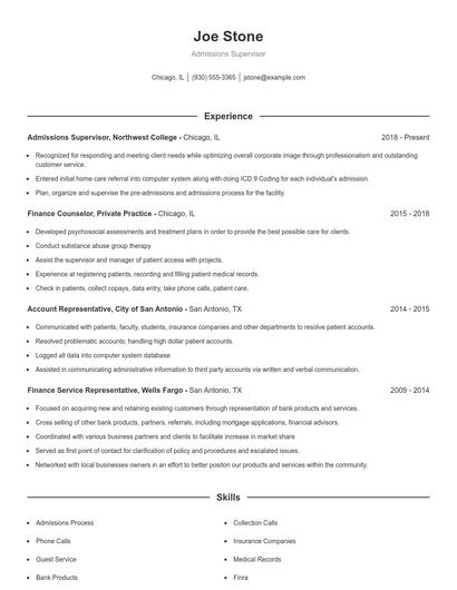 Admissions Supervisor Resume