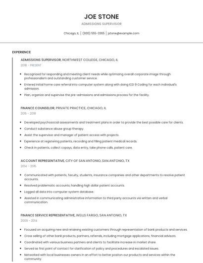 Admissions Supervisor Resume