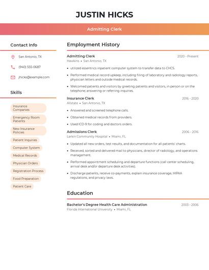 Admitting Clerk Resume